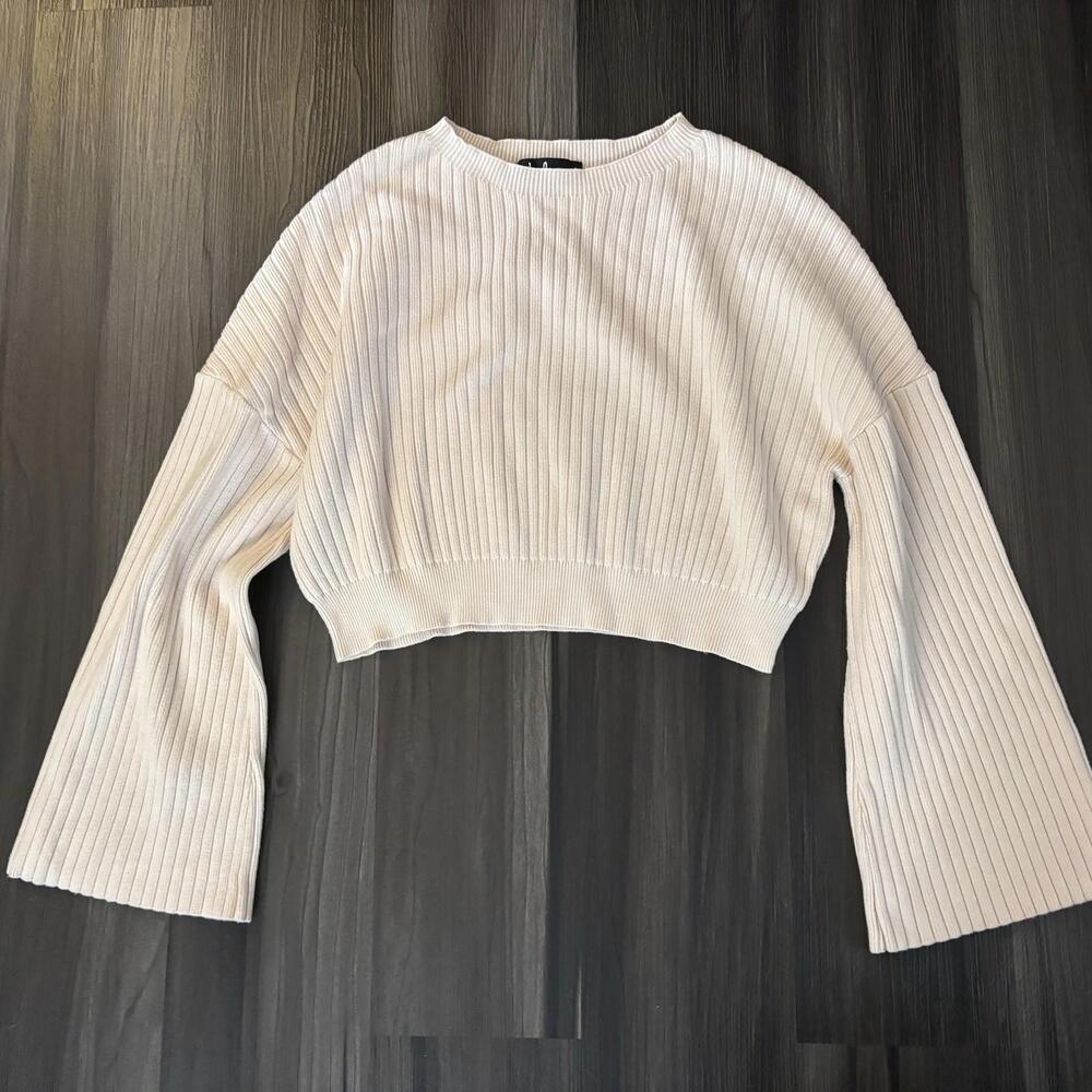 Lulus Sweater Women's Small Beige Knit Ribbed Viscose Crew Neck Long Sleeve